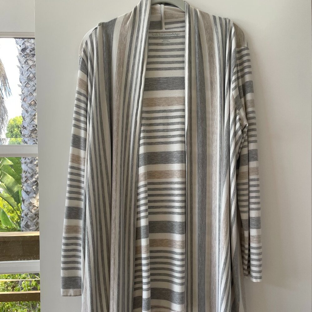 Soft Surroundings Open Front Cardigan in Gray, Tan, White Stripes, Size Medium